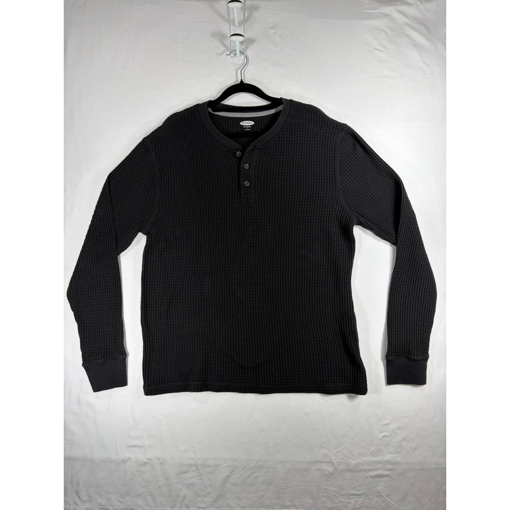 Old Navy Henley Men Large Black Excellent Waffle Knit Soft Washed Long Sleeve